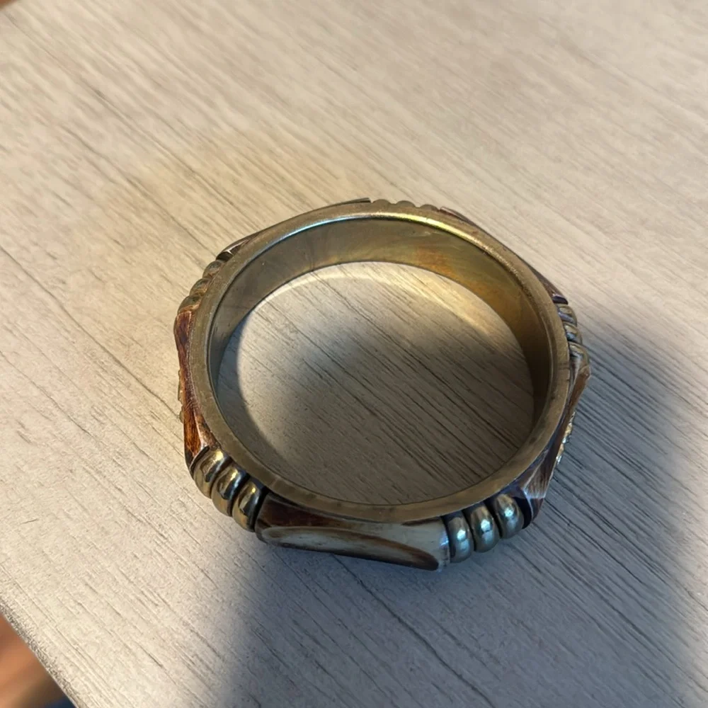 Vintage Plastic Bangle Bracelet, Wood, Metal, Brown, Bronze, Retro, Boho